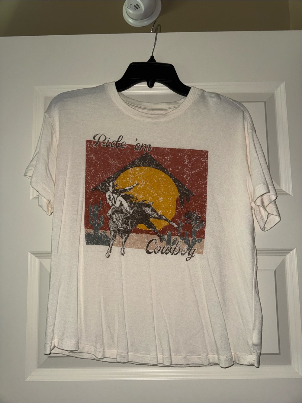 True Craft White Graphic "Ride 'em Cowboy" Tee with Vintage Sunset Print